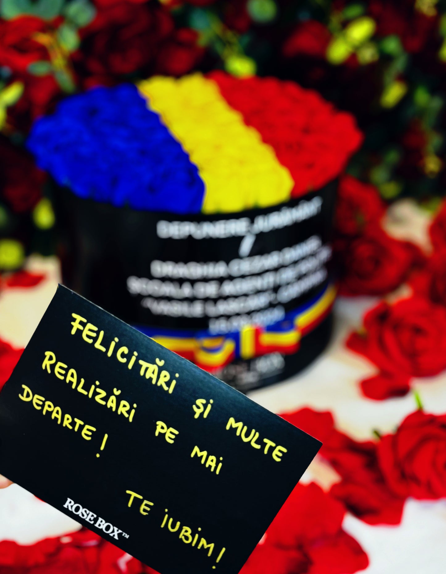 Cutie neagră mare cu tricolor și 51 trandafiri inscripționată cu mesaj personalizat