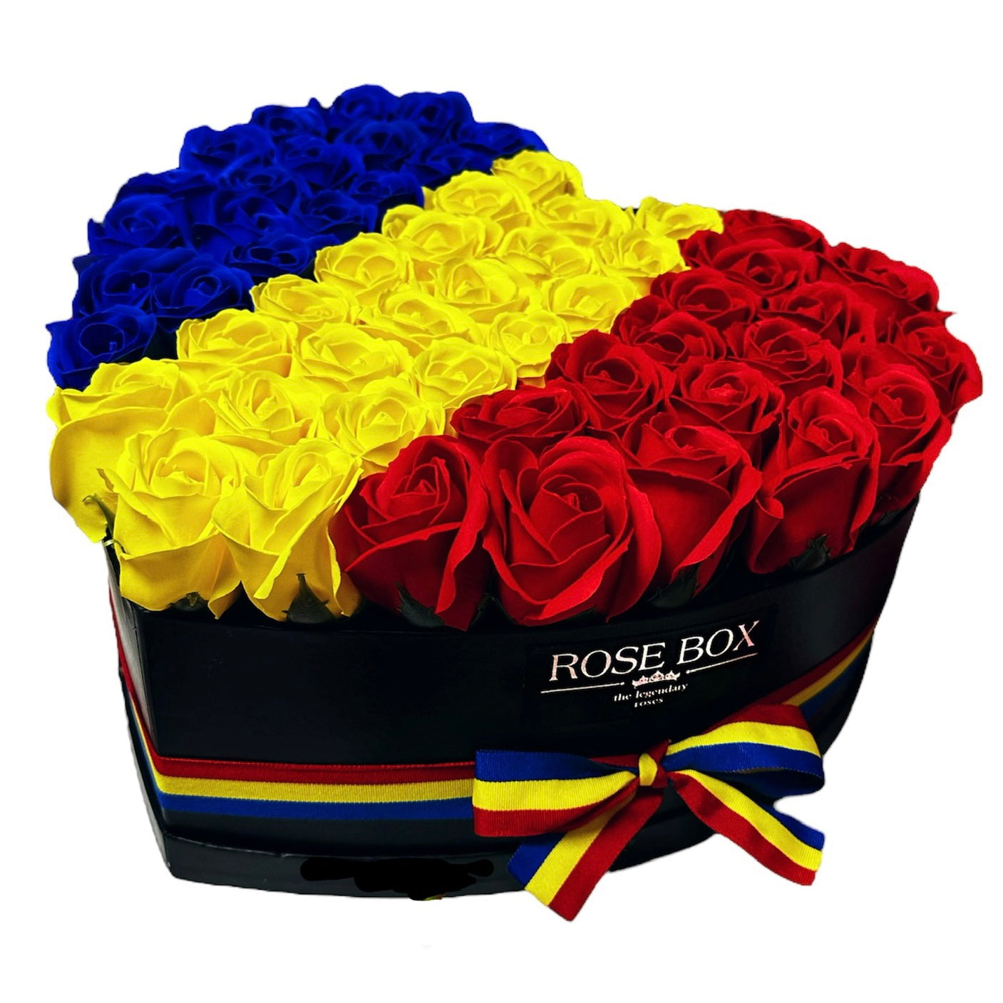 Cutie inimă cu 51 trandafir cu tricolorul României- FĂRĂ TEXT INSCRIPȚIONAT