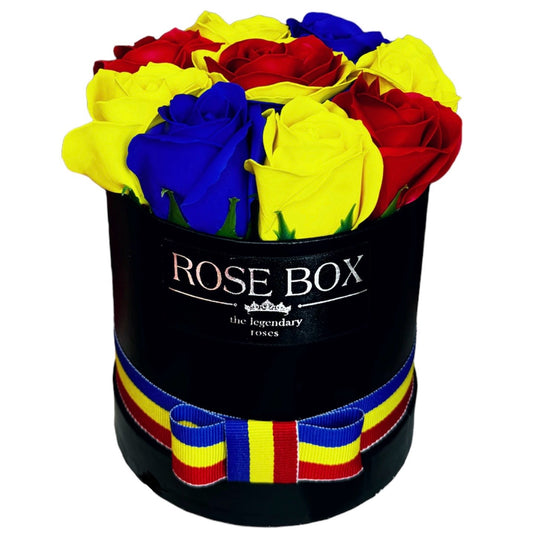 Cutie 9 trandafiri tricolor- FĂRĂ TEXT INSCRIPȚIONAT