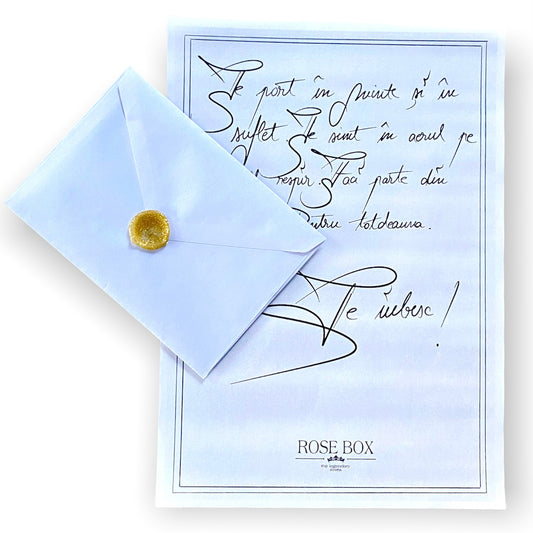 Felicitare cu mesaj caligrafic și plic cu sigiliu alb