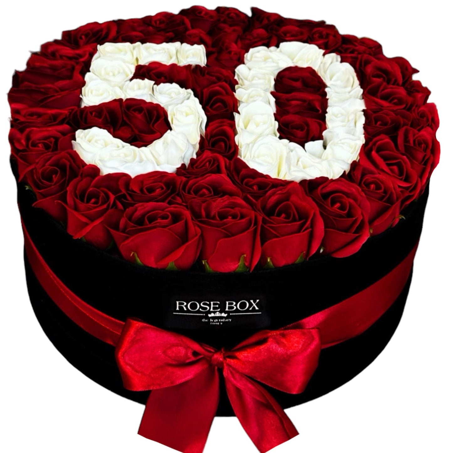 Cutie de catifea cu 51 trandafiri roșu&alb personalizată