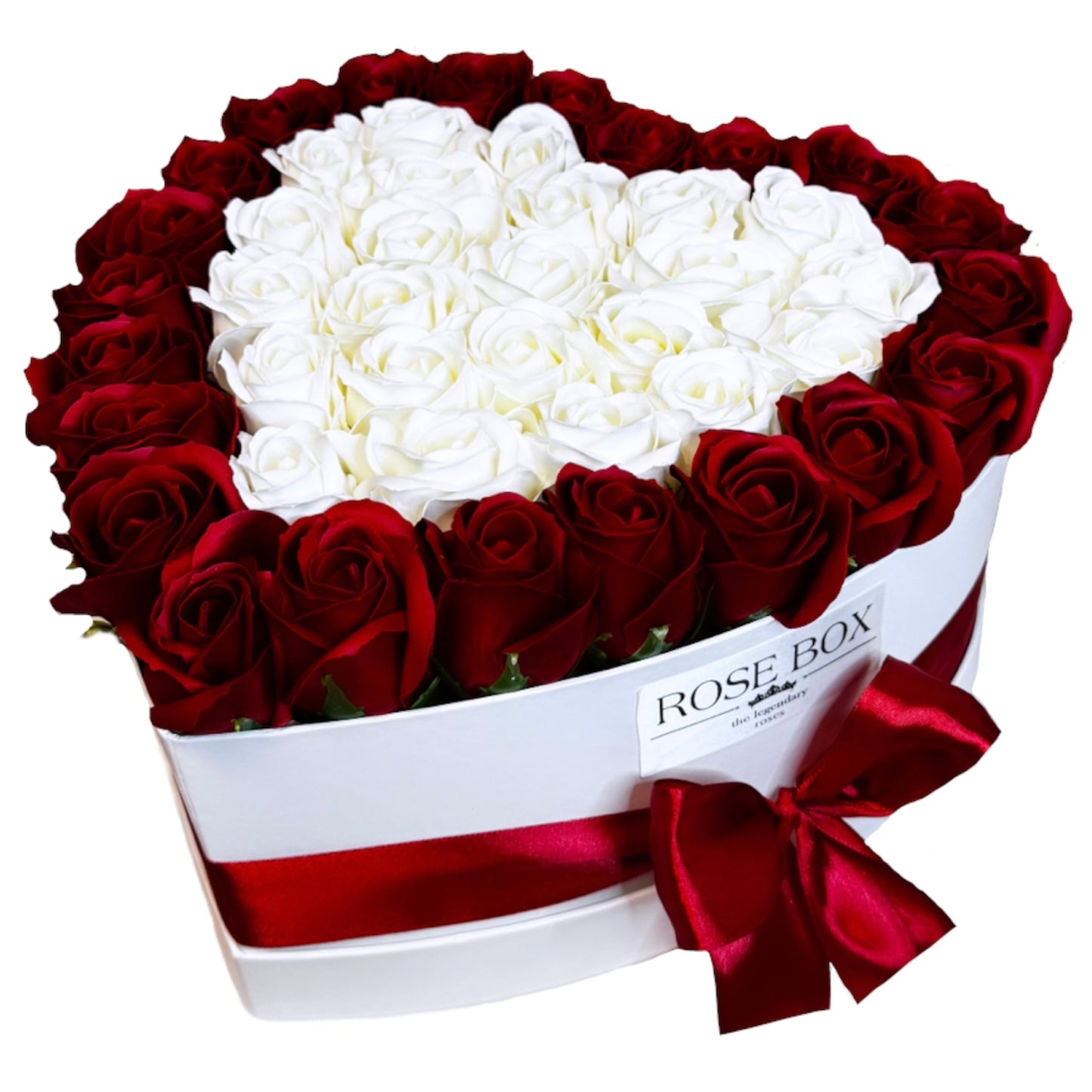 Cutie inimă albă cu 45 trandafiri