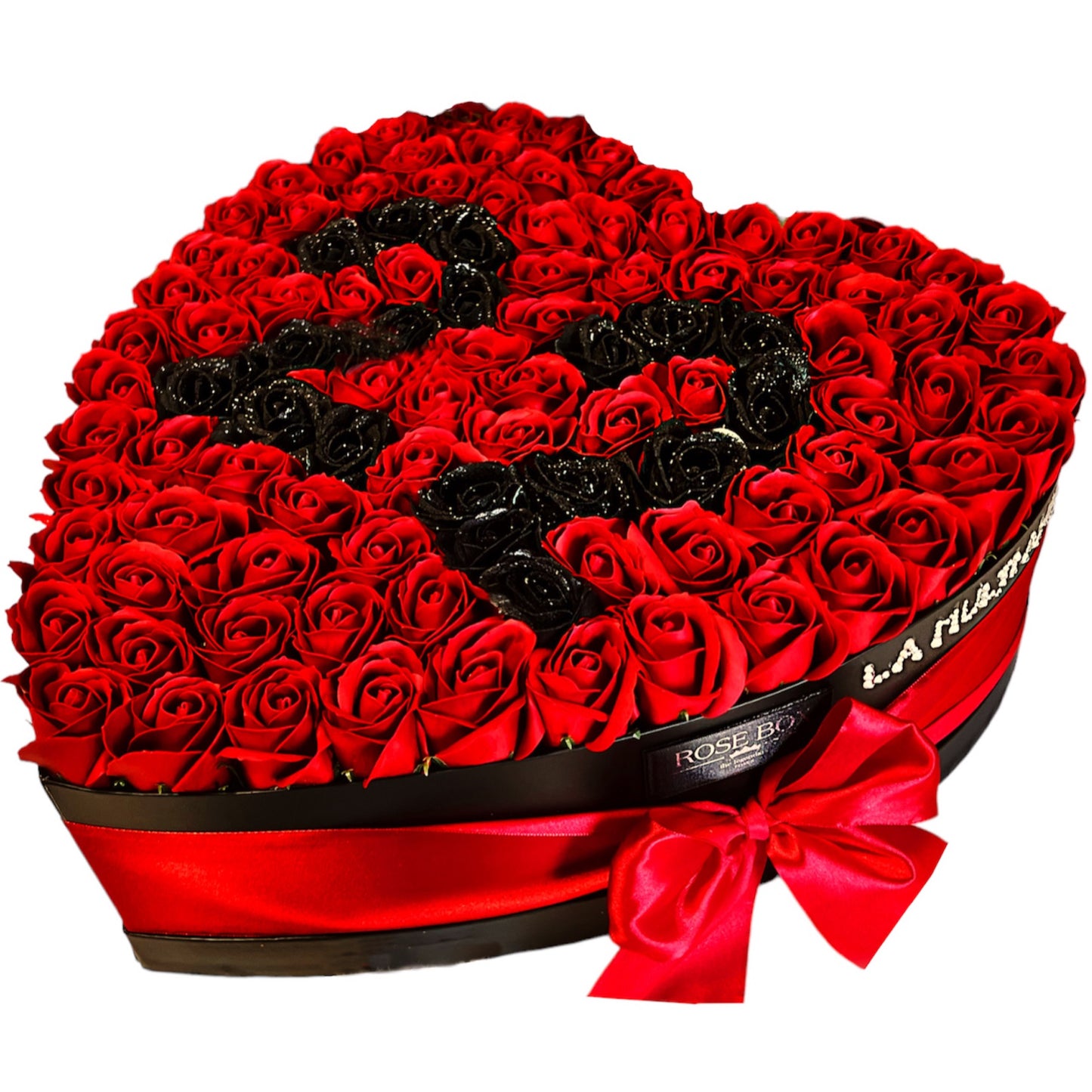 Cutie inimă imensă cu trandafiri roșu&negru cu sclipici personalizată