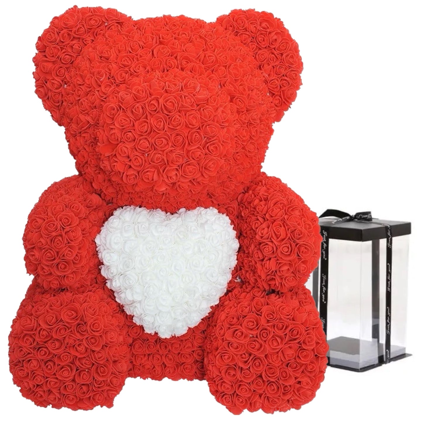 Urs imens 70cm roșu cu inimă albă + Cutie cadou