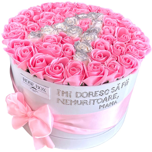 Cutie cu 51 trandafiri roz&alb premium cu sclipici personalizată