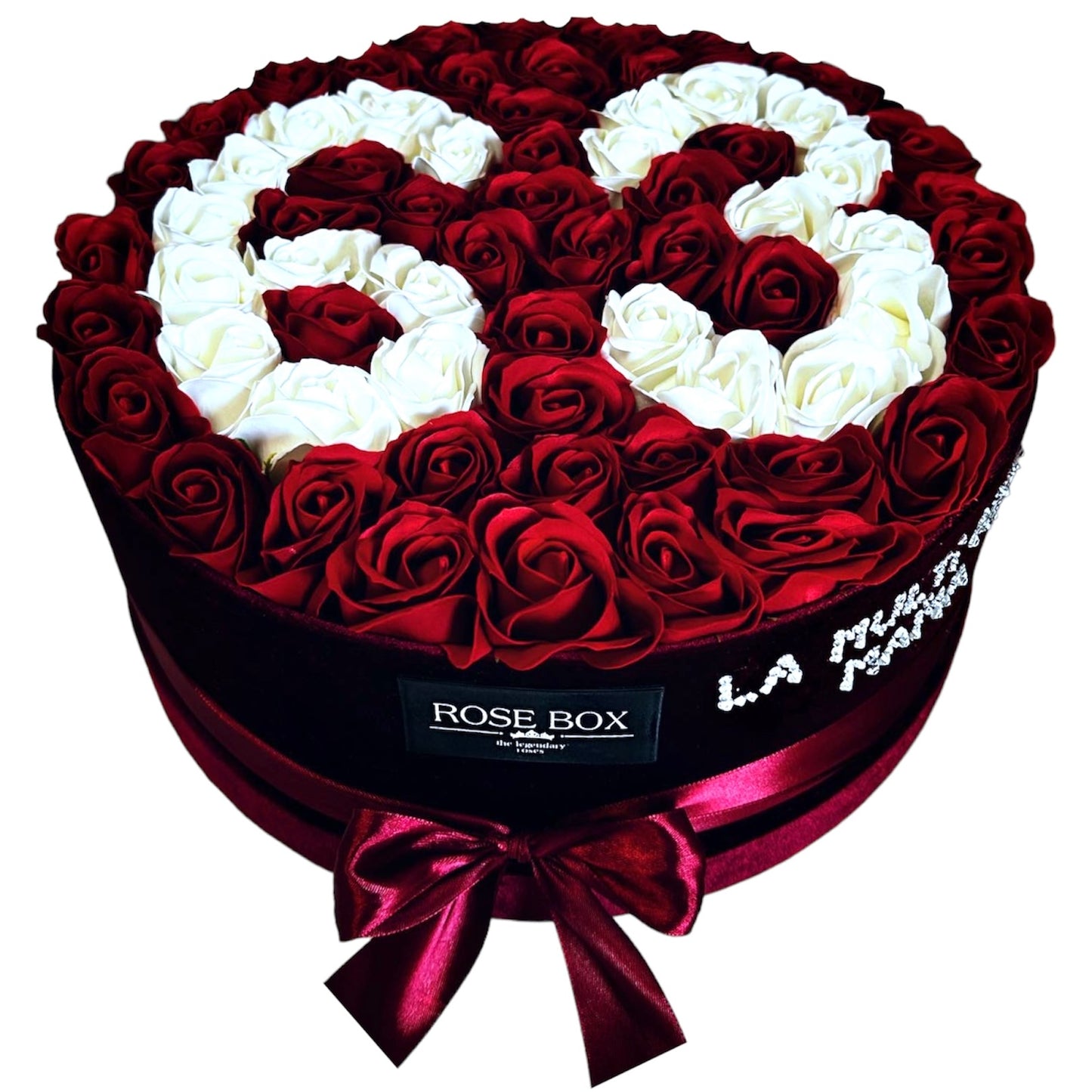 Cutie de catifea bordeaux cu 51 trandafiri roșu&alb personalizată