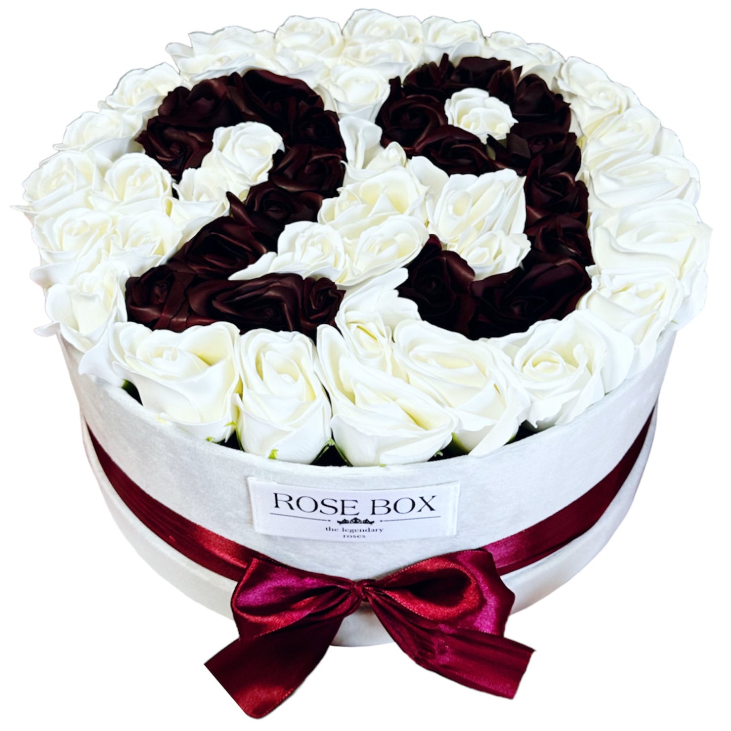 Cutie de catifea cu 51 trandafiri alb&bordeaux personalizată