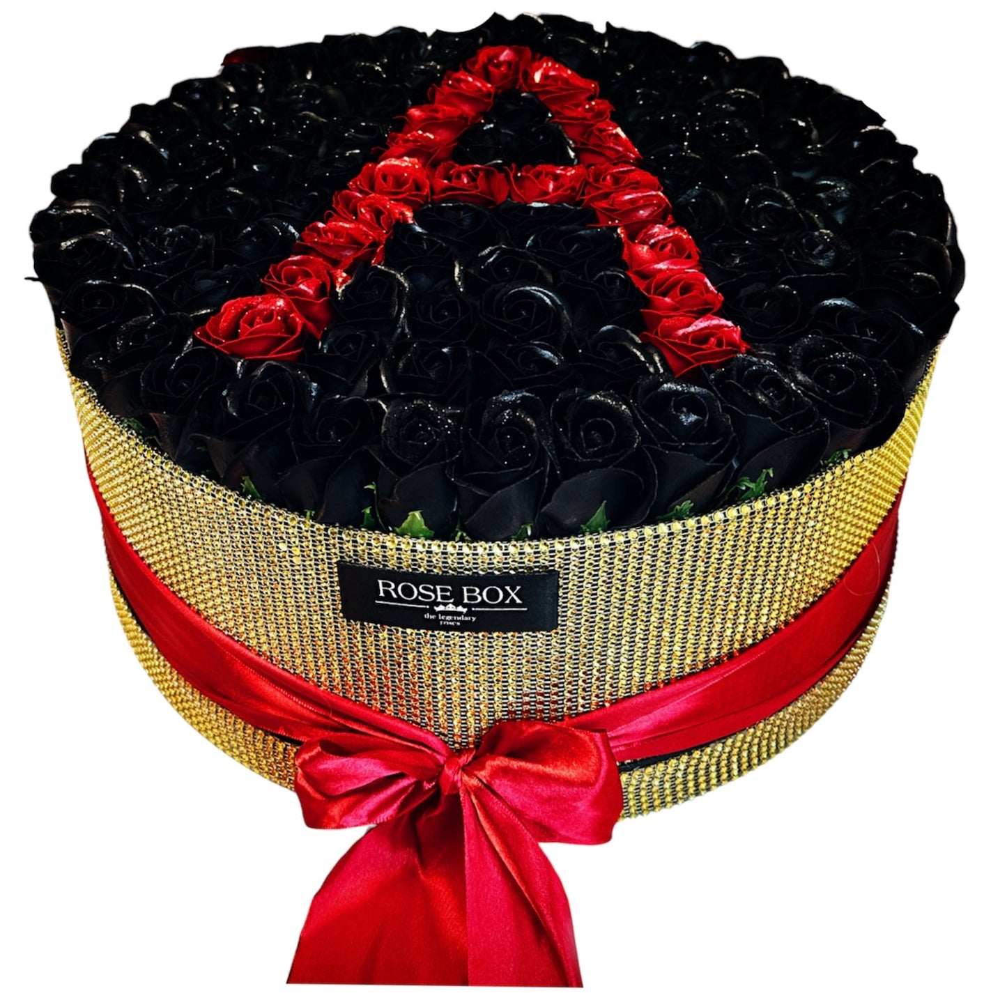 Cutie imensă cu cristale și trandafiri negru&roșu personalizată