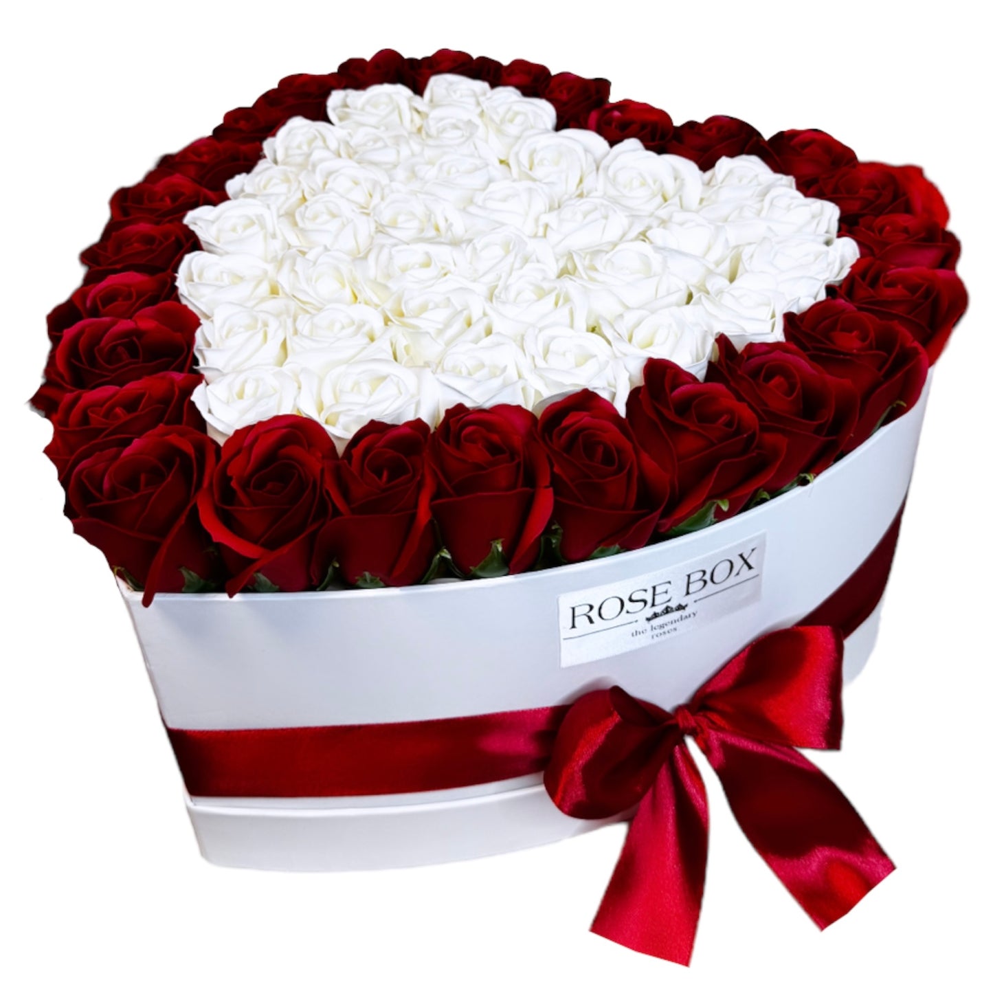 Cutie inimă albă cu 65 trandafiri