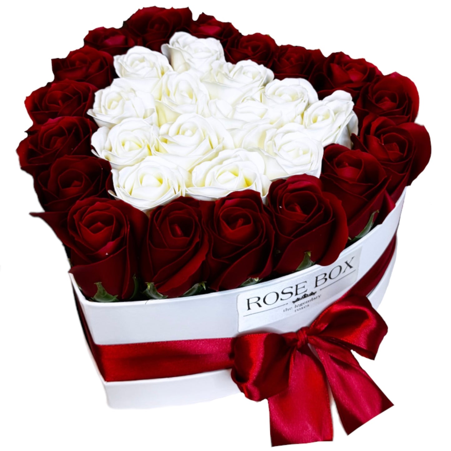 Cutie inimă albă cu 27 trandafiri