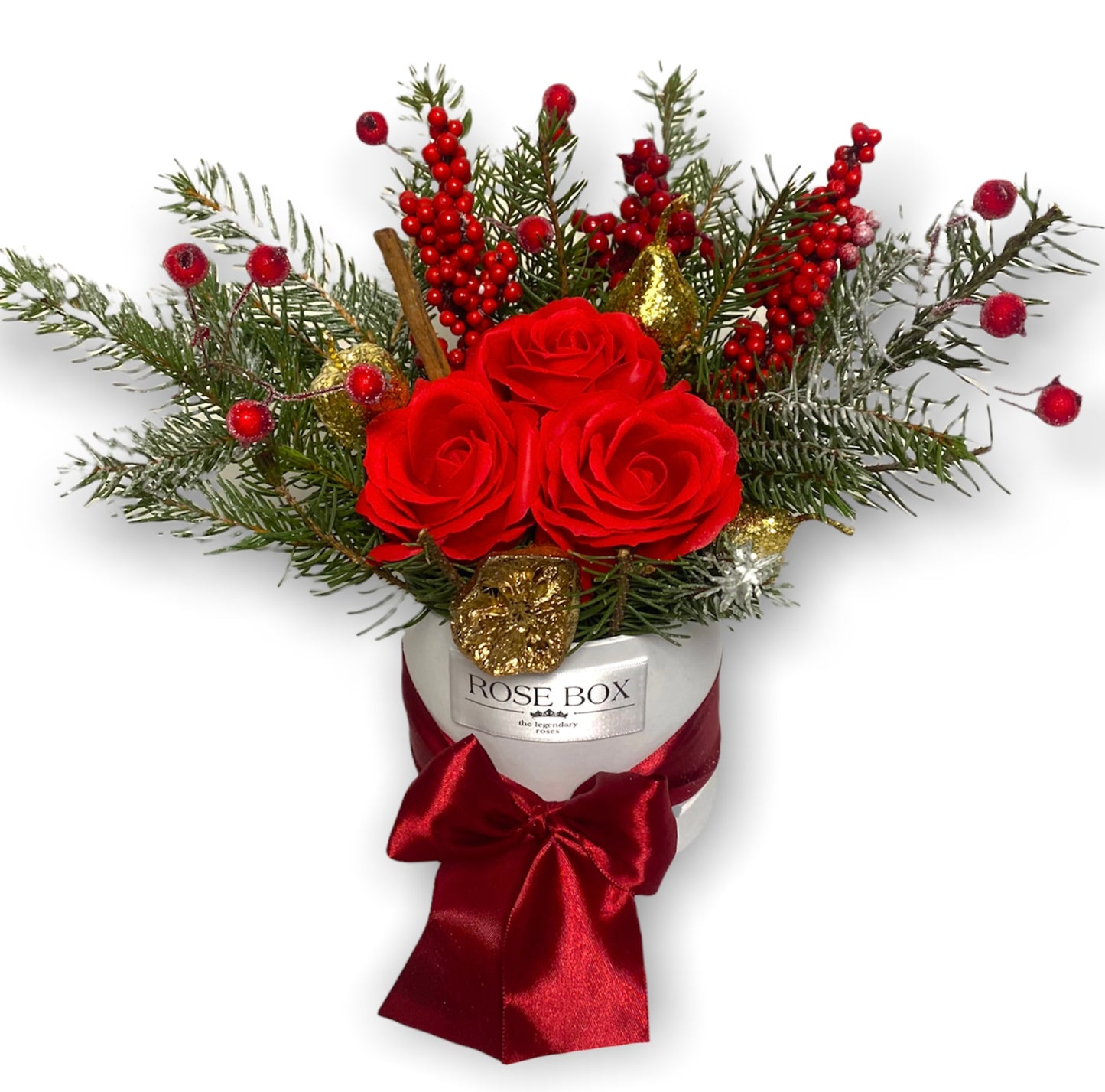 Cutie mică de Crăciun cu crengi de brad NATURAL și 3 trandafiri mai roșii