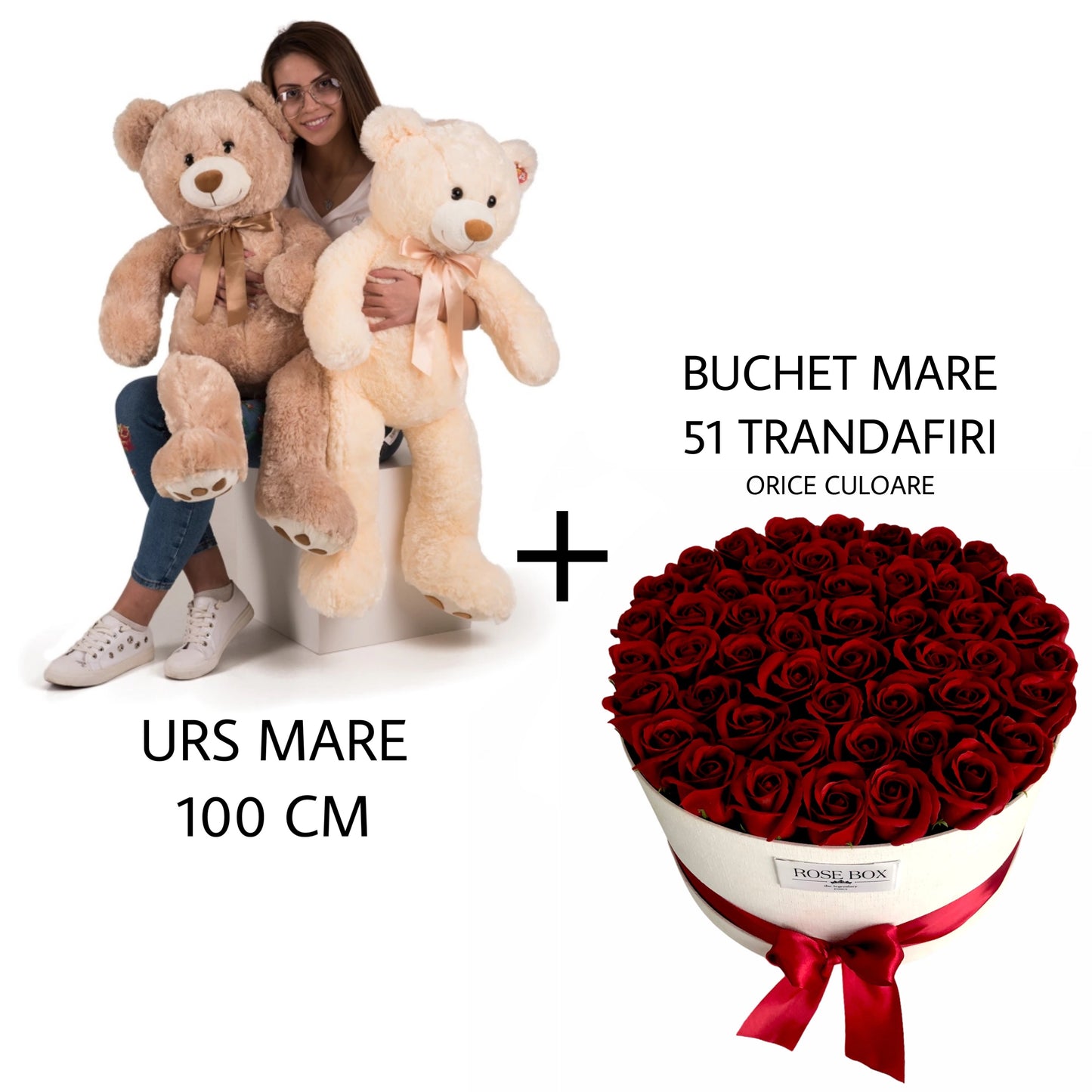 Urs mare 100cm + Cutie cu 51 trandafiri- alege orice culoare