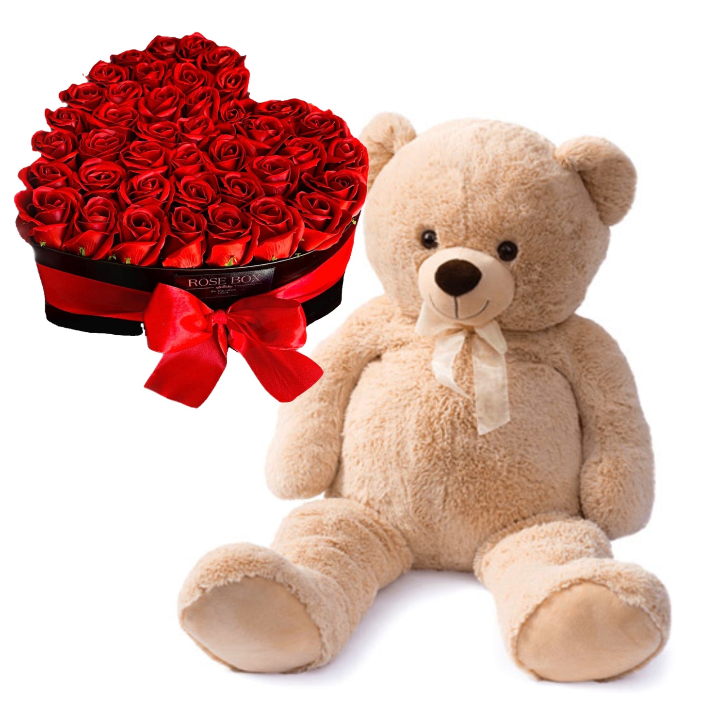 Urs mare 100cm+Cutie inima cu 35 trandafiri rosii