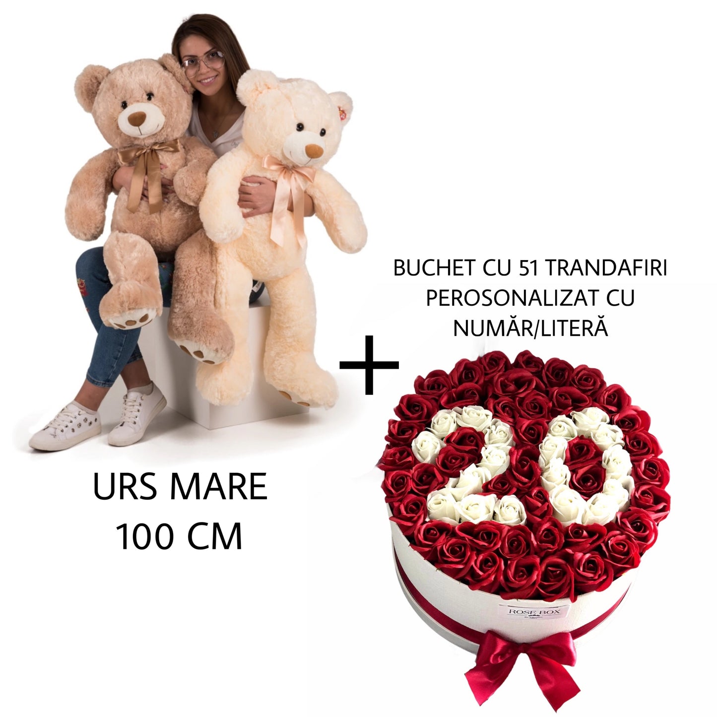Urs mare pluș 100cm + Cutie cu 51 trandafiri personalizată cu număr/literă