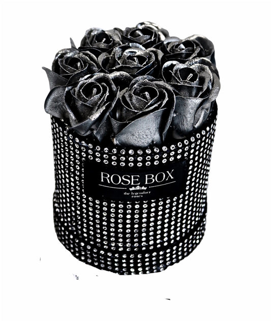 Cutie mică neagră cu cristale cu 9 trandafiri argintii