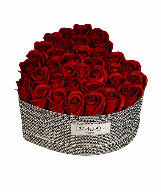 Cutie inima cu cristale albe cu 35 trandafiri roșu închis - WHITE DIAMOND BOX