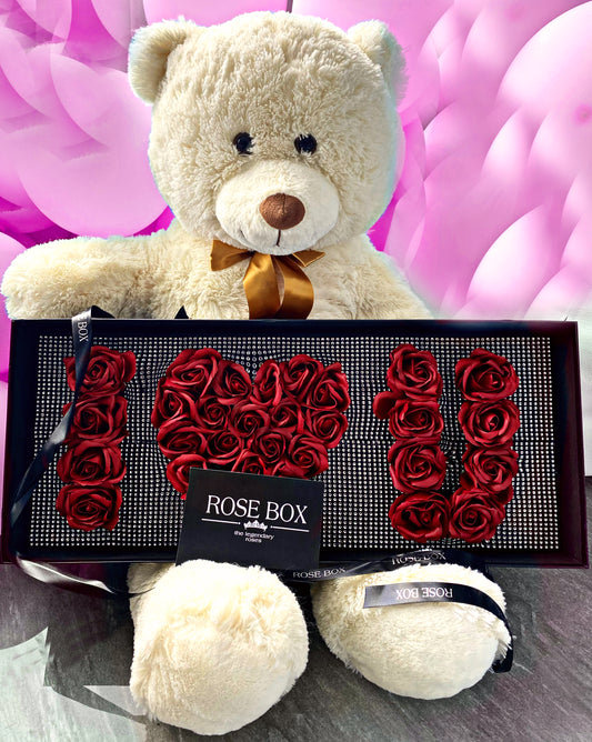 Urs pluș mare 100cm + cutie mare dreptunghiulara cu cristale și trandafiri roșii “I love you”