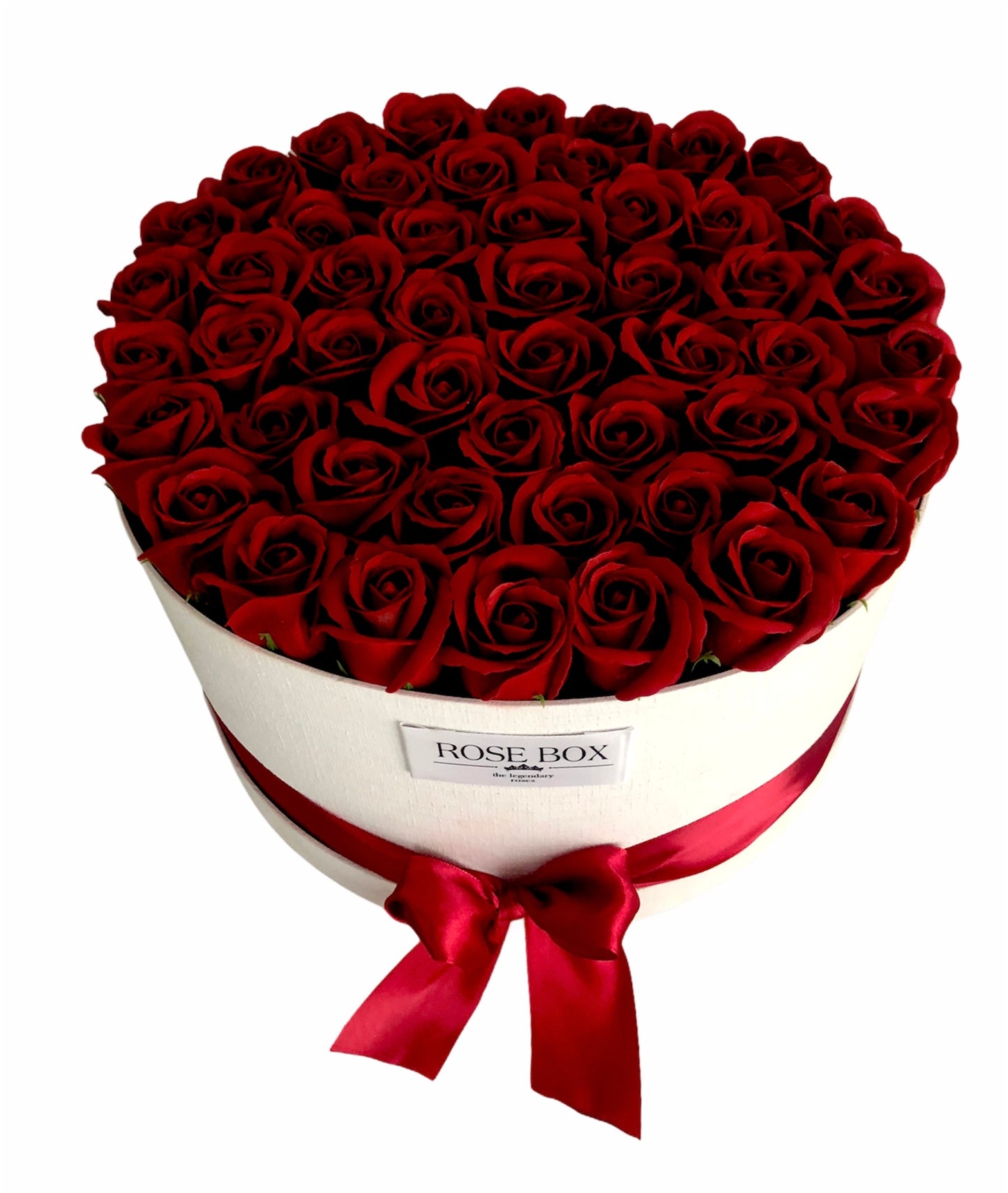 Cutie mare albă cu 51 trandafiri roșu royal