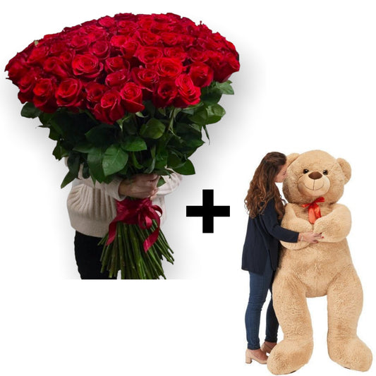 Buchet imens cu trandafiri naturali roșii+Urs de pluș imens