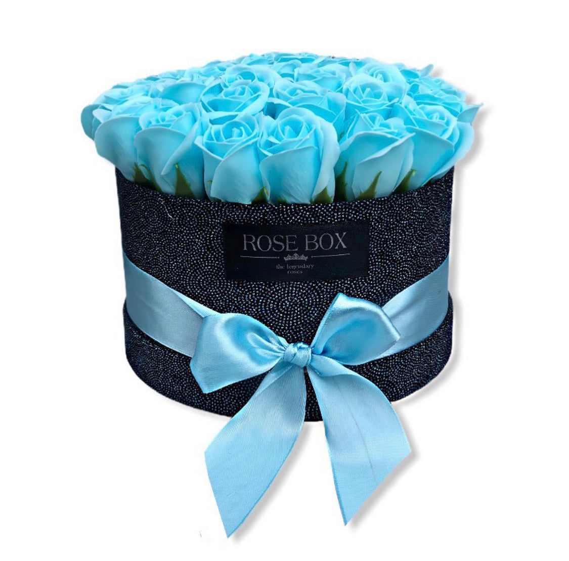 Cutie medie blue sparkle cu 21 trandafiri