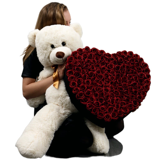 Urs mare 100cm + Buchet inima mare 101 cu trandafiri roșu royal