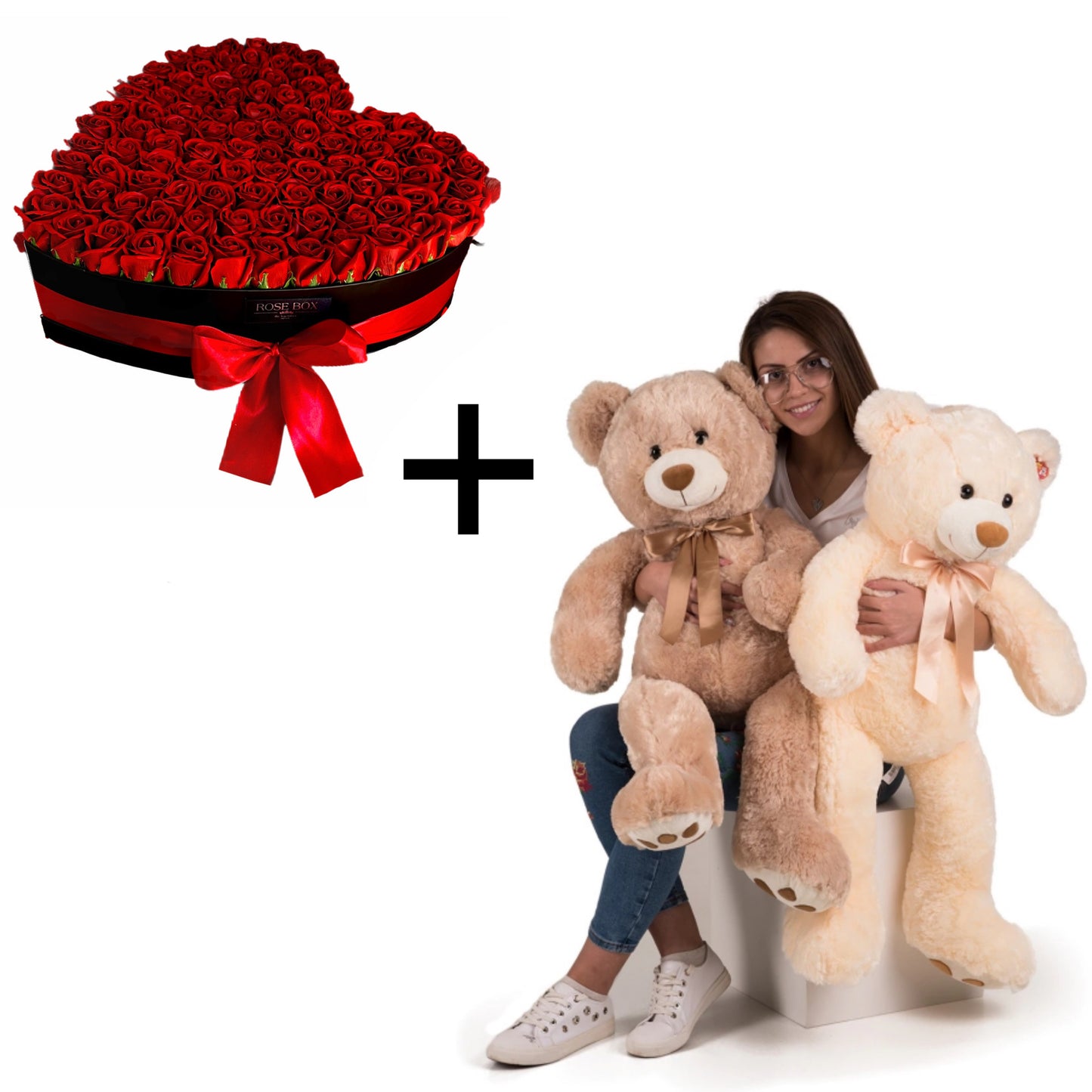 Urs de pluș mare 100 cm + buchet inimă neagră cu trandafiri roșii