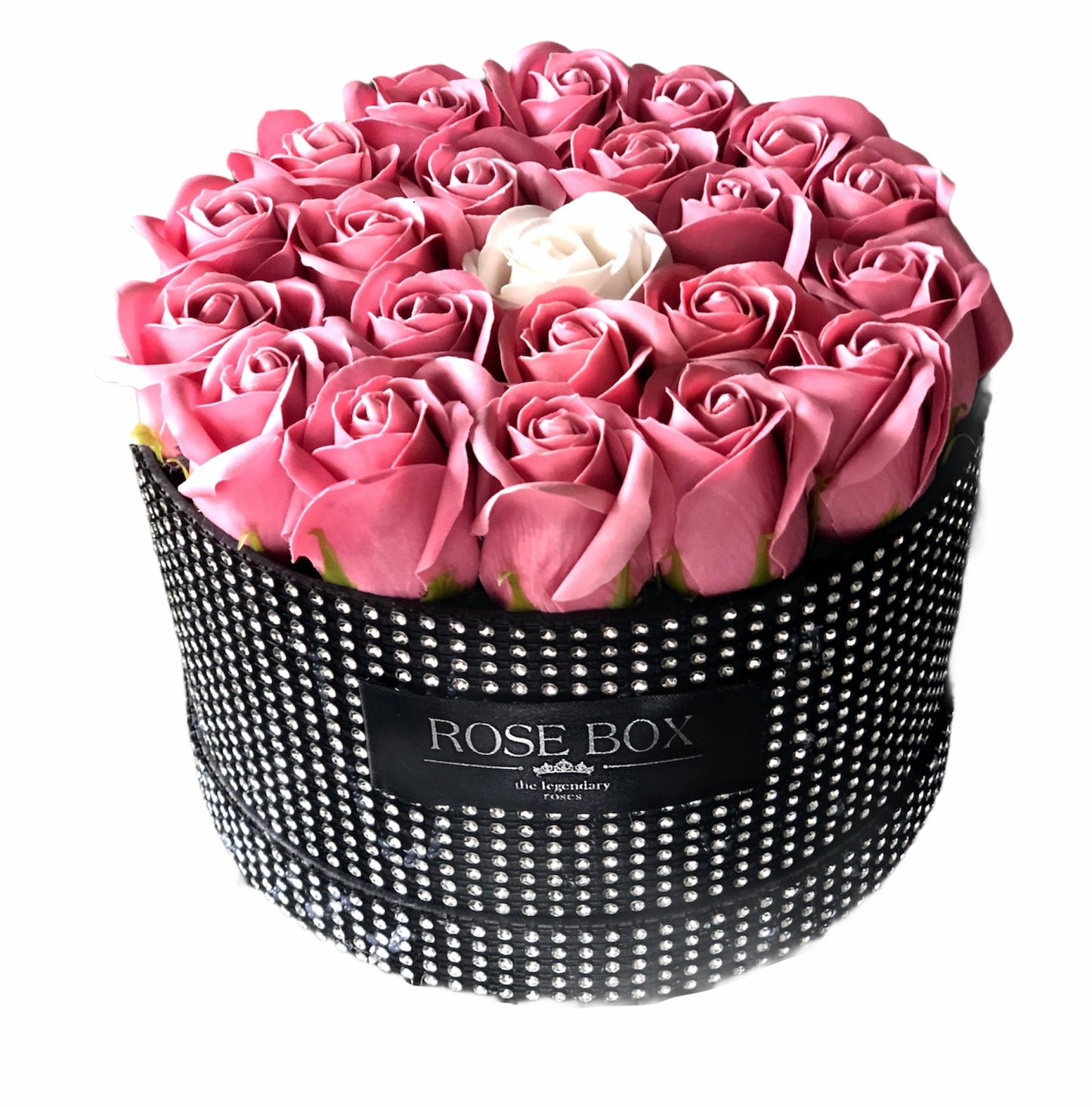 Cutie medie neagră cu cristale și trandafiri roz murdar