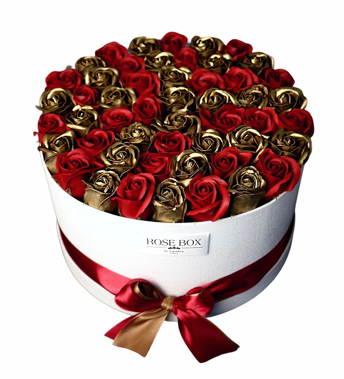Cutie mare albă cu 51 trandafiri roșu închis & auriu