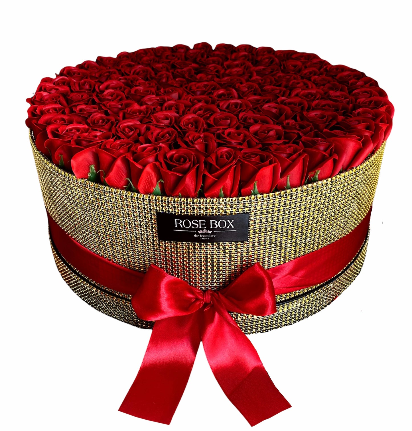 Cutie cu cristale aurii și 101 trandafiri roșii