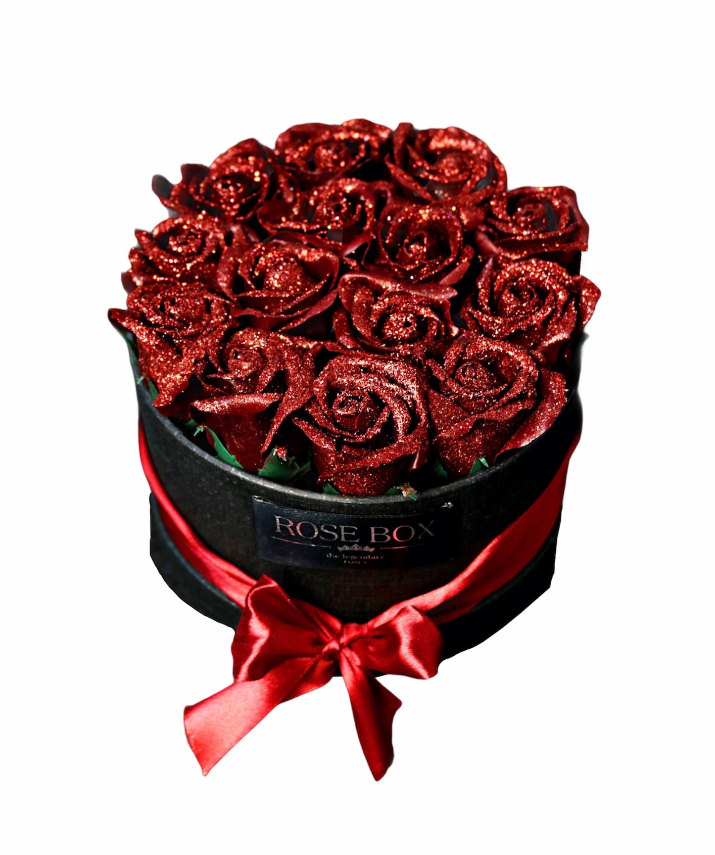 Cutie neagră cu 15 trandafiri roșii cu sclipici