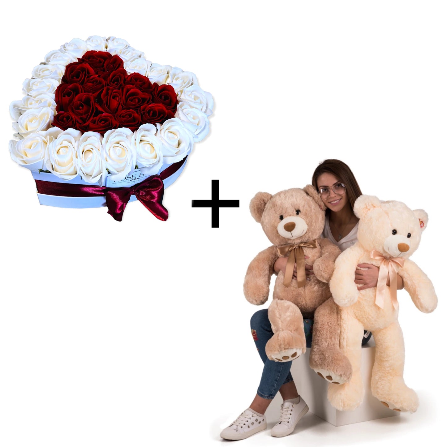 Cutie inimă cu 35 trandafiri+Urs mare 100cm